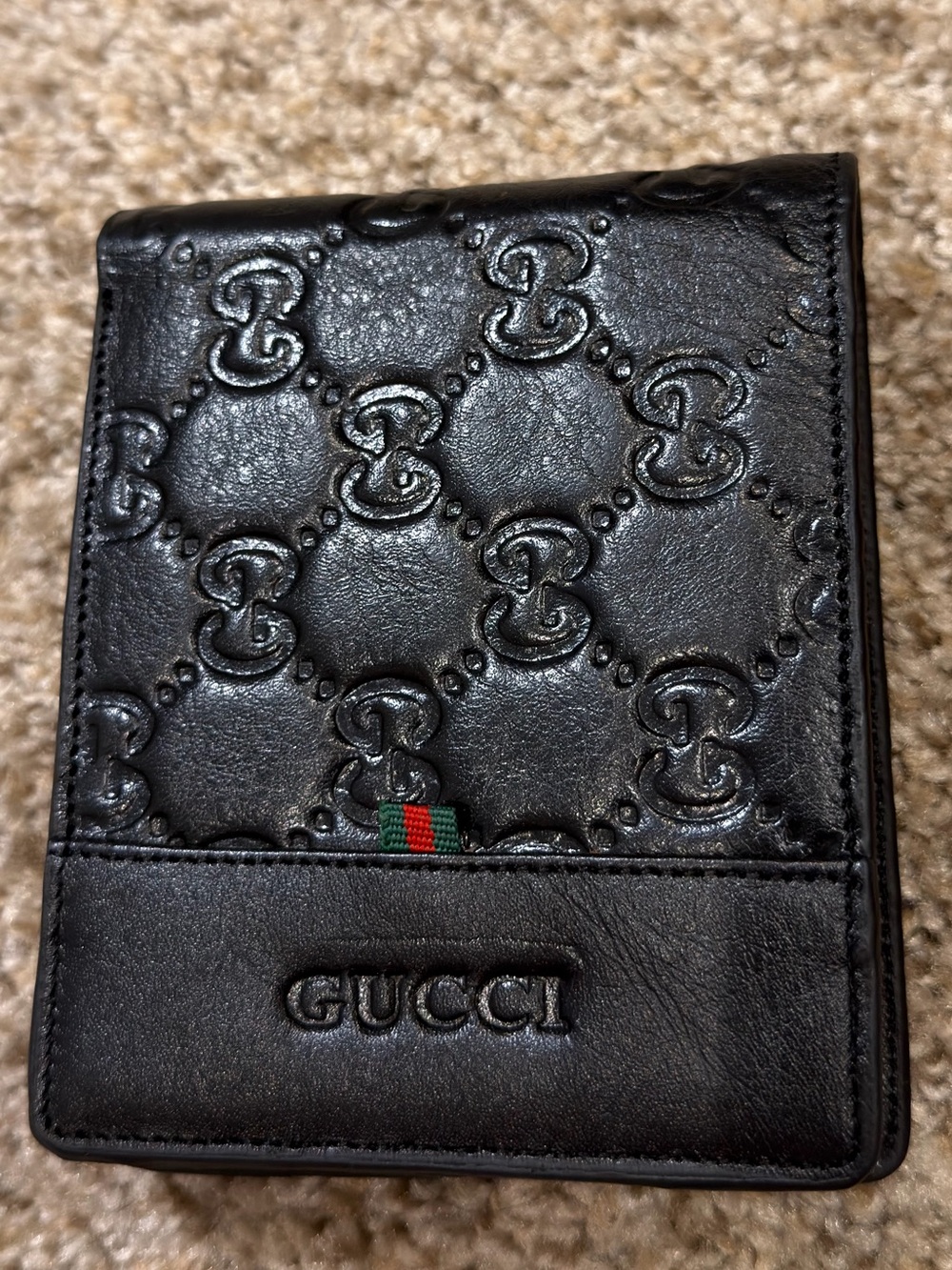 Black Embossed Leather Card Case with Signature Web